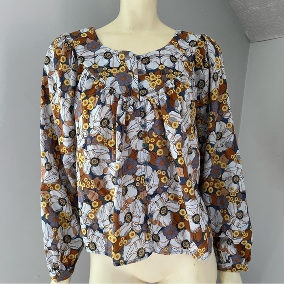 A.N.A A New Approach Women’s Floral Boho Blouse Gray Yellow Brown S - Picture 1 of 14